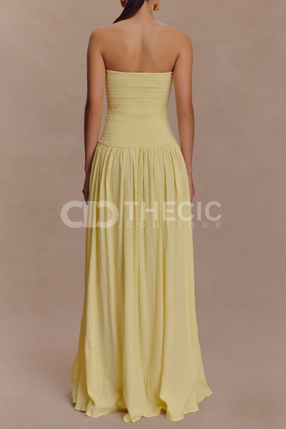 Shirred Bodice Strapless Slit Maxi Dress