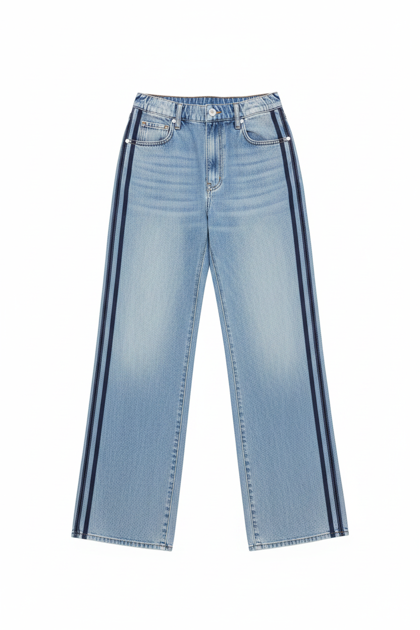 Side-decorated elastic waist straight leg jeans