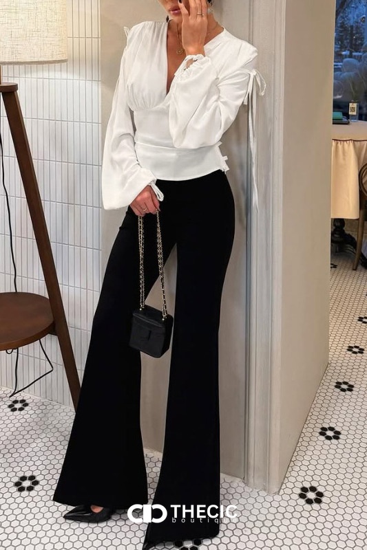 Silky Draped V-Neck Wrap Blouse with Tie Sleeves