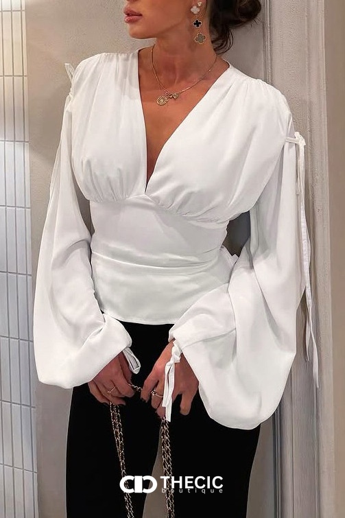 Silky Draped V-Neck Wrap Blouse with Tie Sleeves