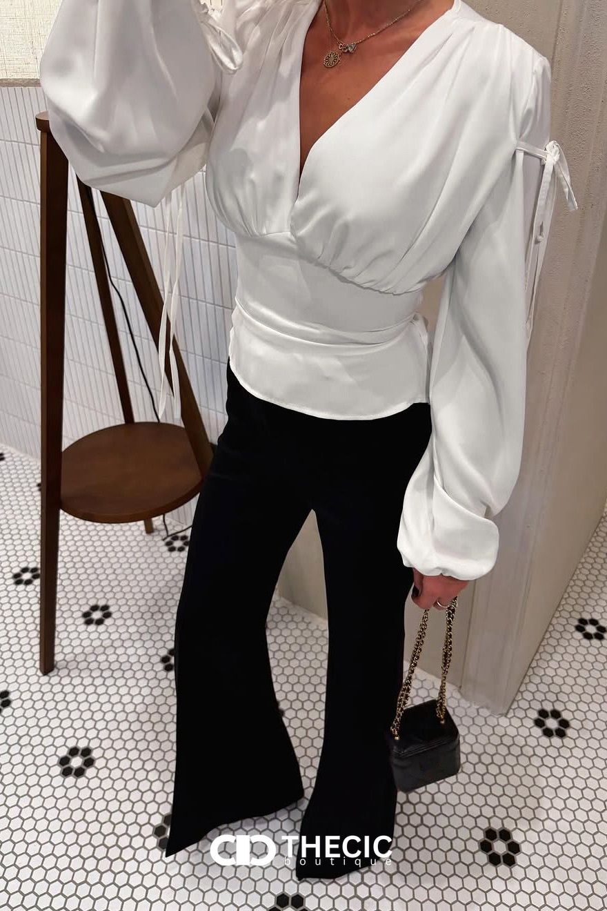 Silky Draped V-Neck Wrap Blouse with Tie Sleeves