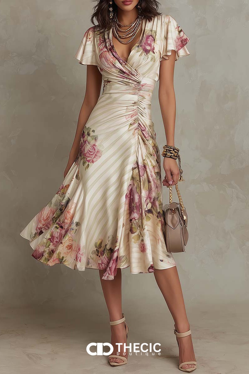 Silky Floral Stripe Flutter Sleeve Midi Dress