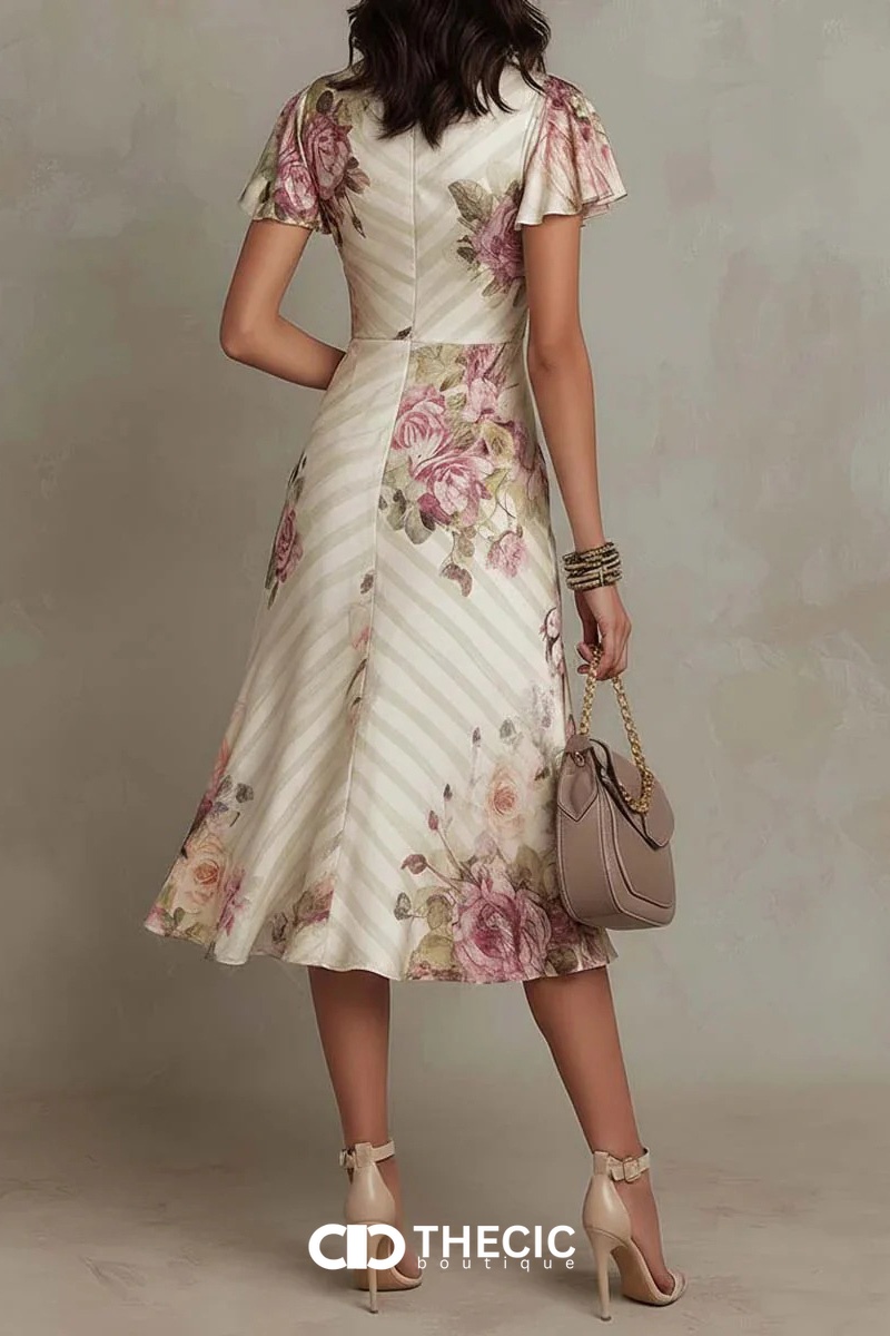 Silky Floral Stripe Flutter Sleeve Midi Dress
