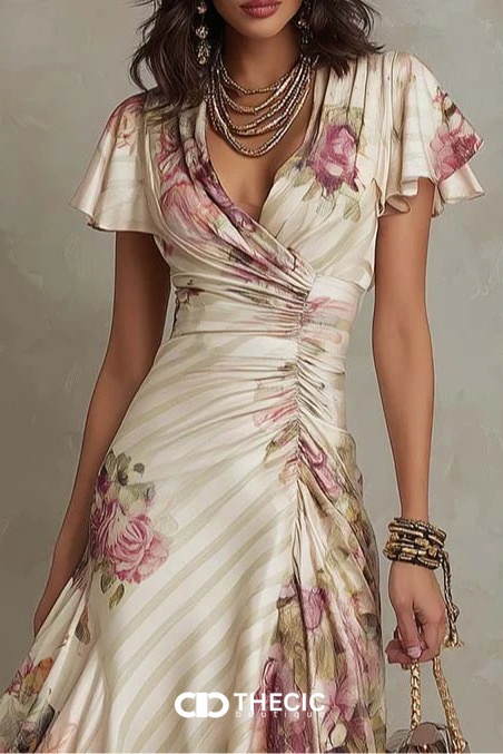 Silky Floral Stripe Flutter Sleeve Midi Dress