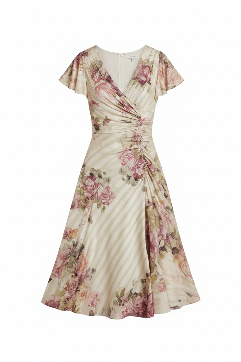 Silky Floral Stripe Flutter Sleeve Midi Dress