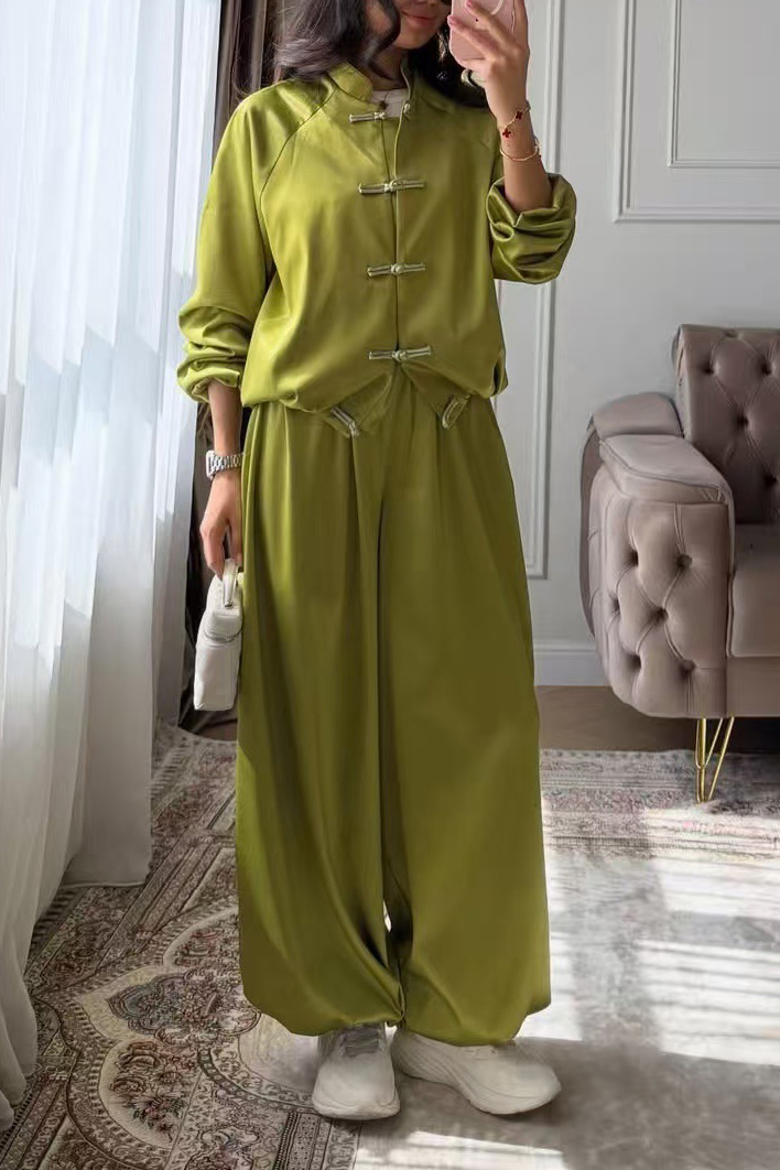 Silky Frog Button Stand Collar Wide-Leg Pants Set