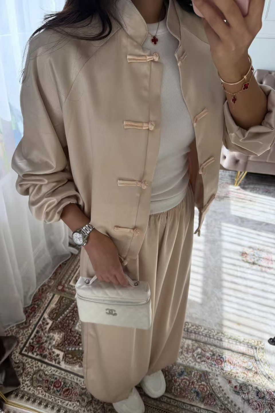 Silky Frog Button Stand Collar Wide-Leg Pants Set