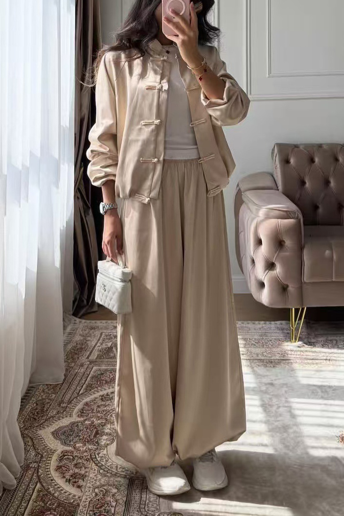 Silky Frog Button Stand Collar Wide-Leg Pants Set
