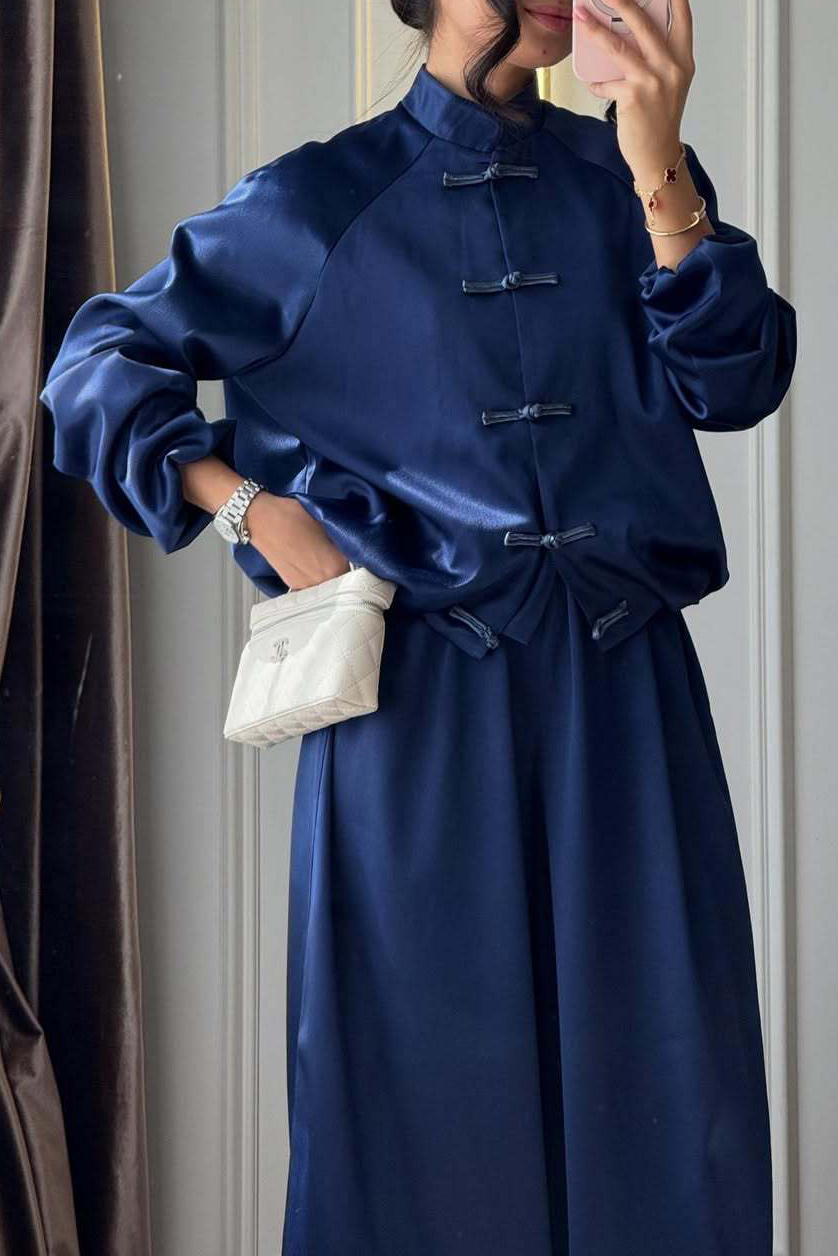 Silky Frog Button Stand Collar Wide-Leg Pants Set