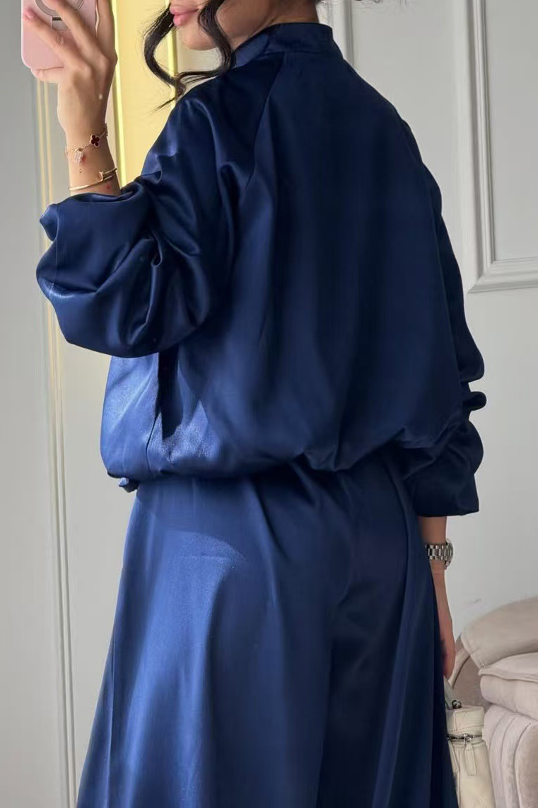 Silky Frog Button Stand Collar Wide-Leg Pants Set