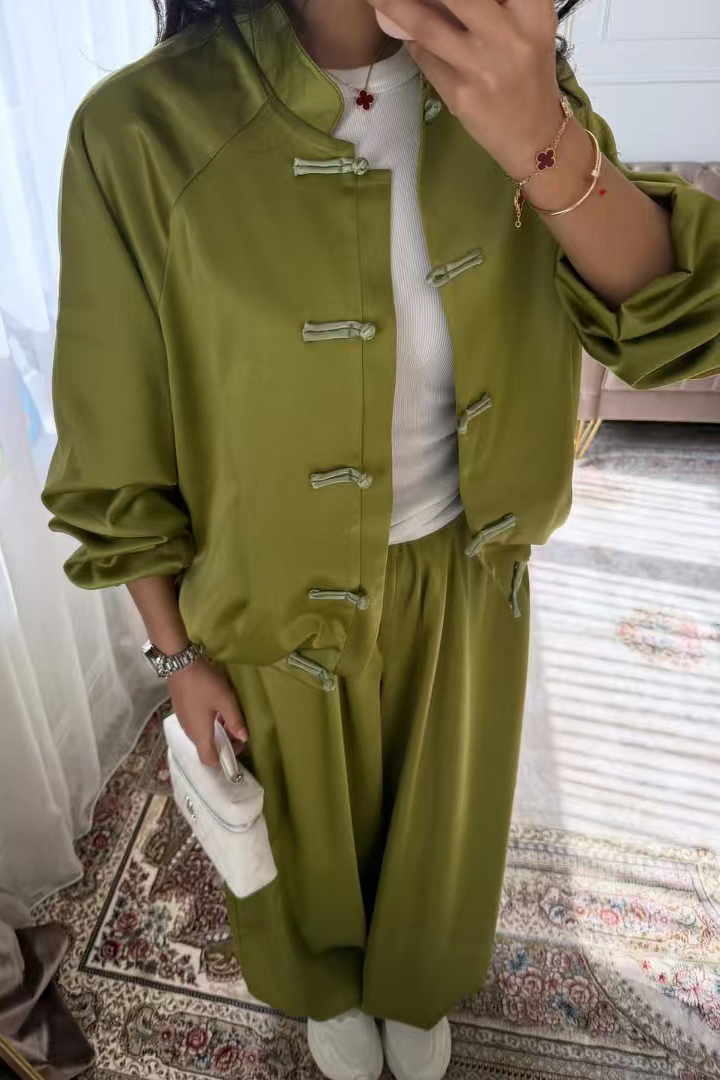 Silky Frog Button Stand Collar Wide-Leg Pants Set