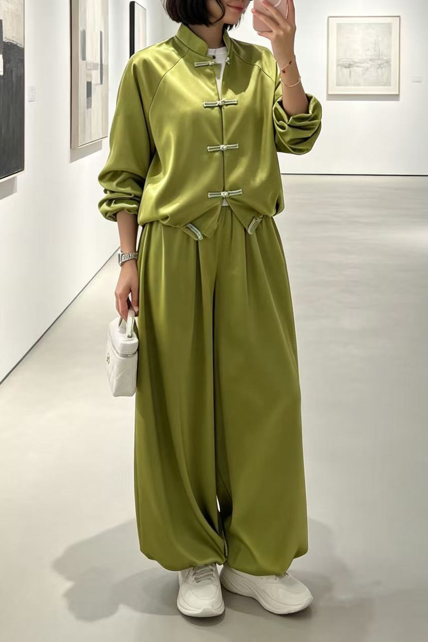 Silky Frog Button Stand Collar Wide-Leg Pants Set