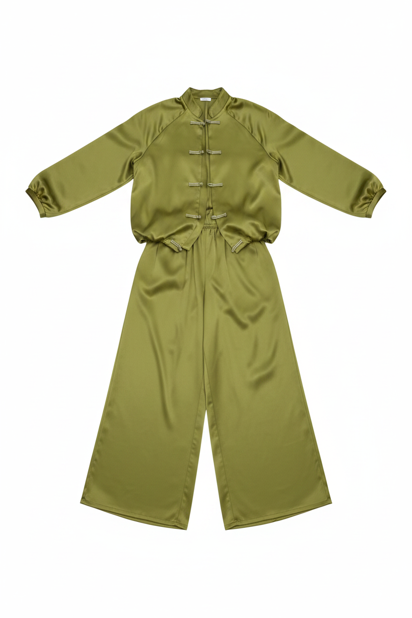 Silky Frog Button Stand Collar Wide-Leg Pants Set