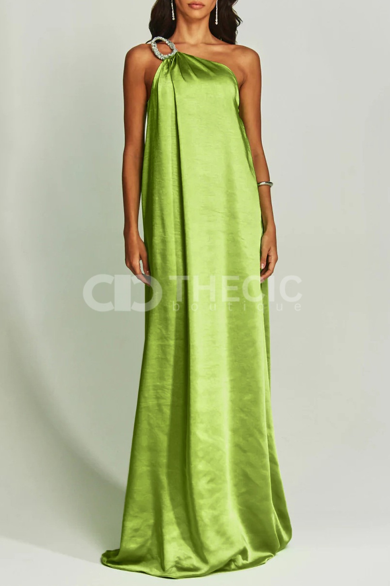 Silky One-Shoulder Embellished Ring Draped Maxi Gown