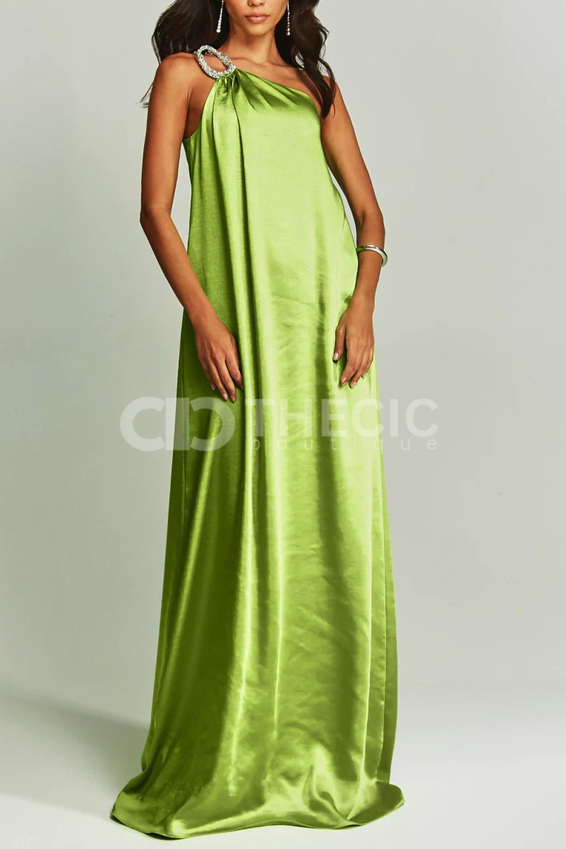 Silky One-Shoulder Embellished Ring Draped Maxi Gown