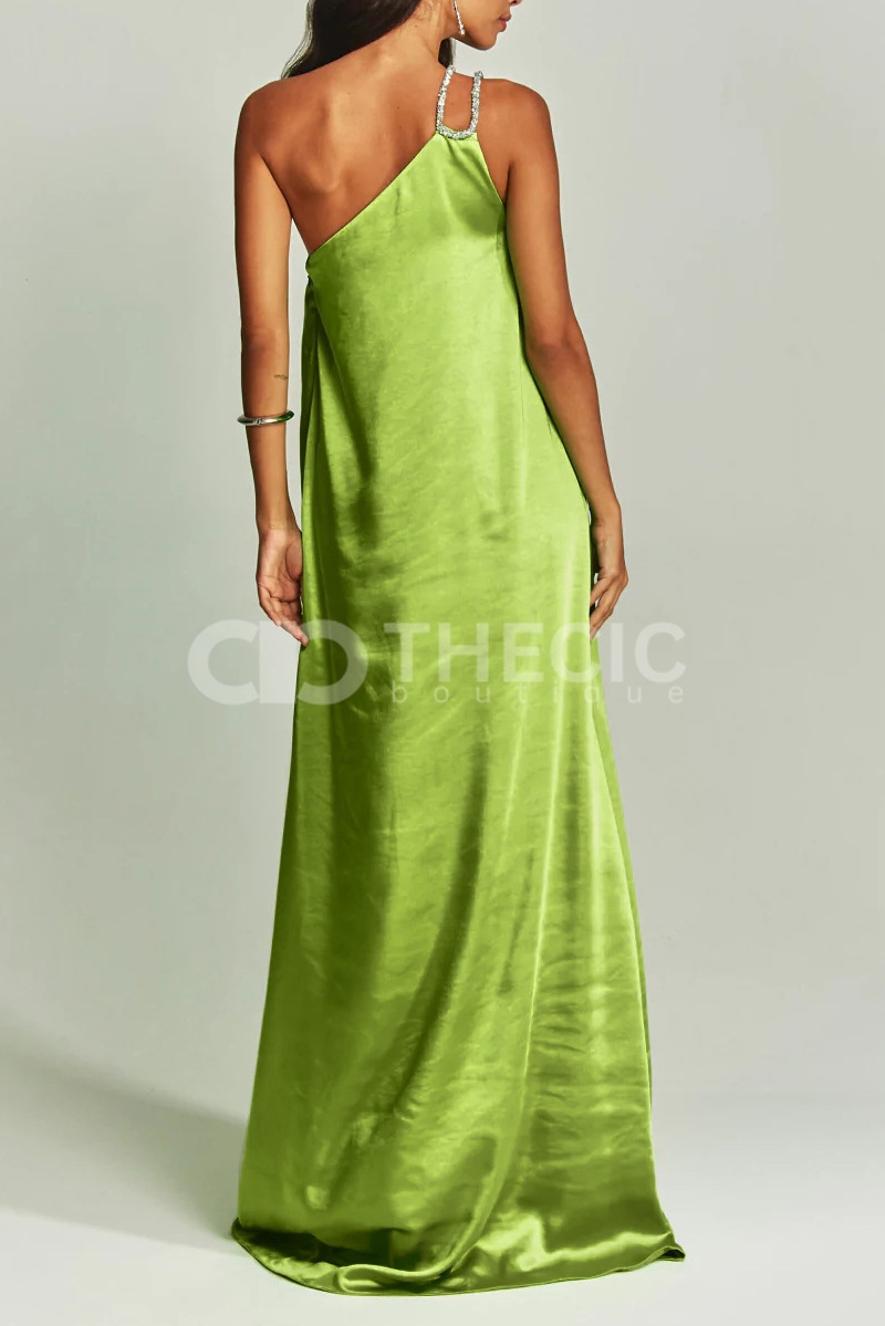 Silky One-Shoulder Embellished Ring Draped Maxi Gown