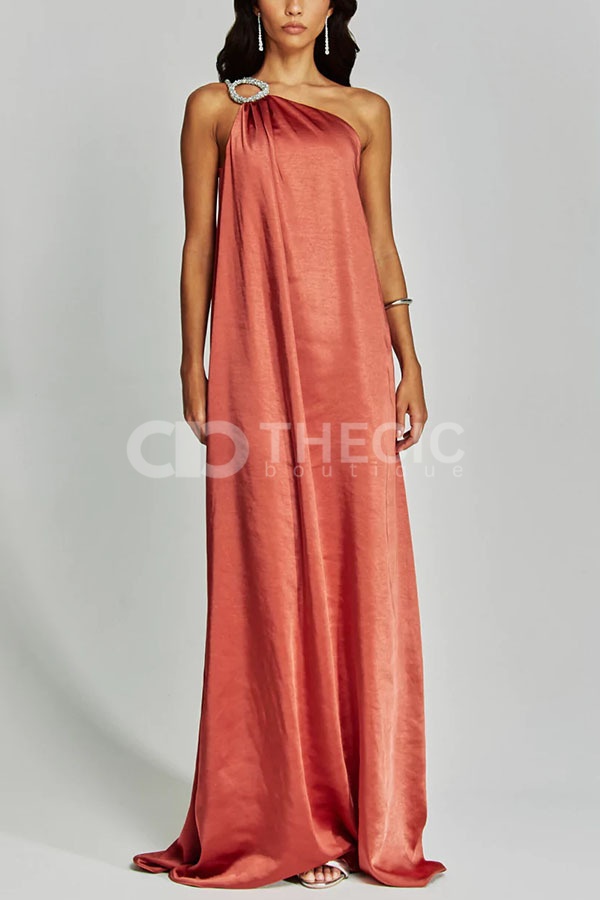Silky One-Shoulder Embellished Ring Draped Maxi Gown