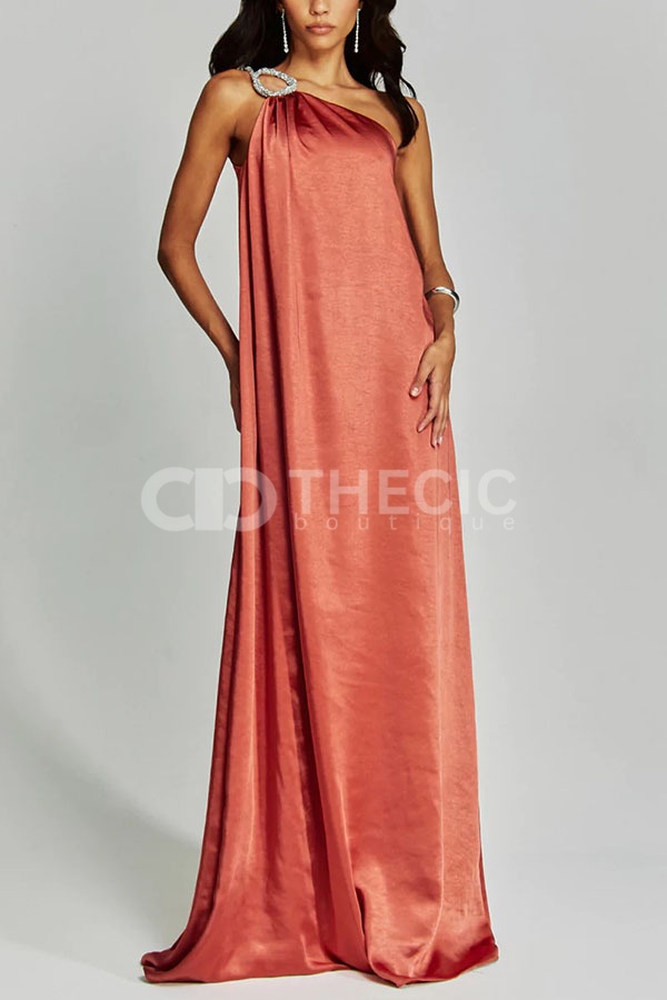 Silky One-Shoulder Embellished Ring Draped Maxi Gown