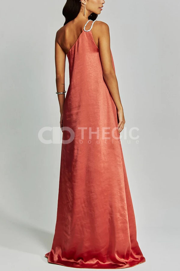 Silky One-Shoulder Embellished Ring Draped Maxi Gown
