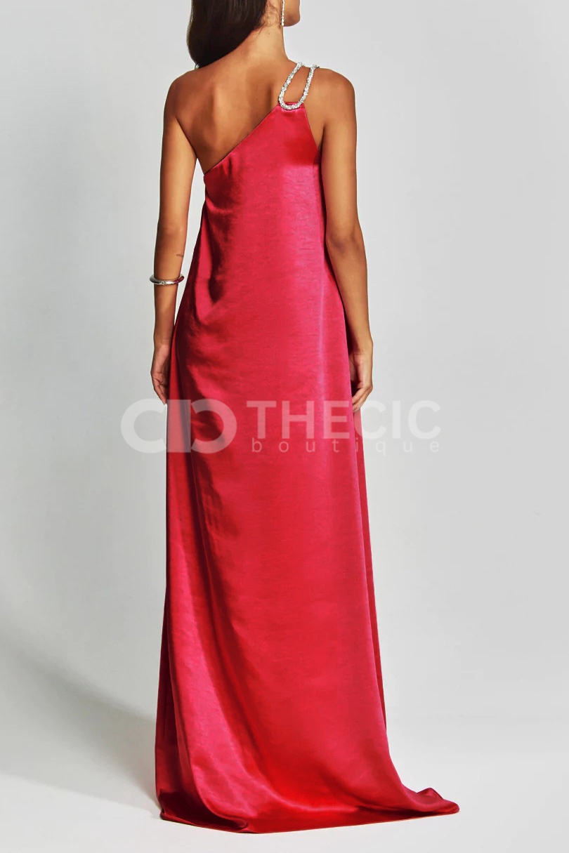 Silky One-Shoulder Embellished Ring Draped Maxi Gown