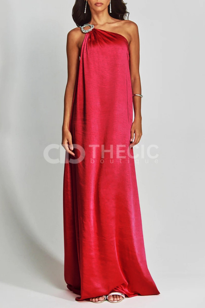 Silky One-Shoulder Embellished Ring Draped Maxi Gown