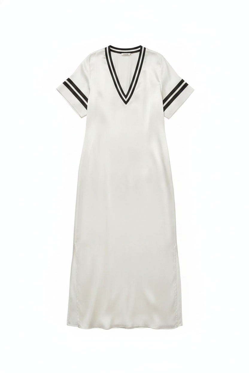 Silky Striped V-Neck Short Sleeve Maxi Dress