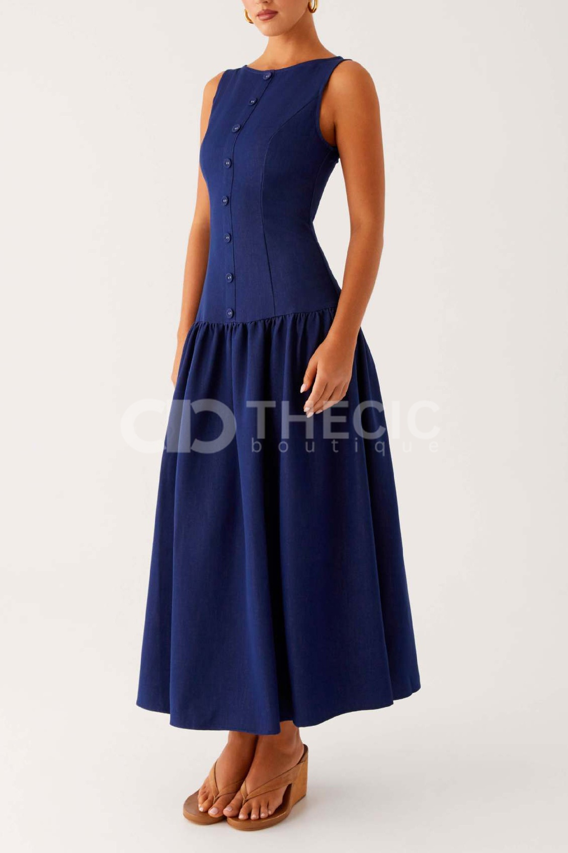 Sleeveless Boat Neck Button-Front Bodice Gathered Midi Dress