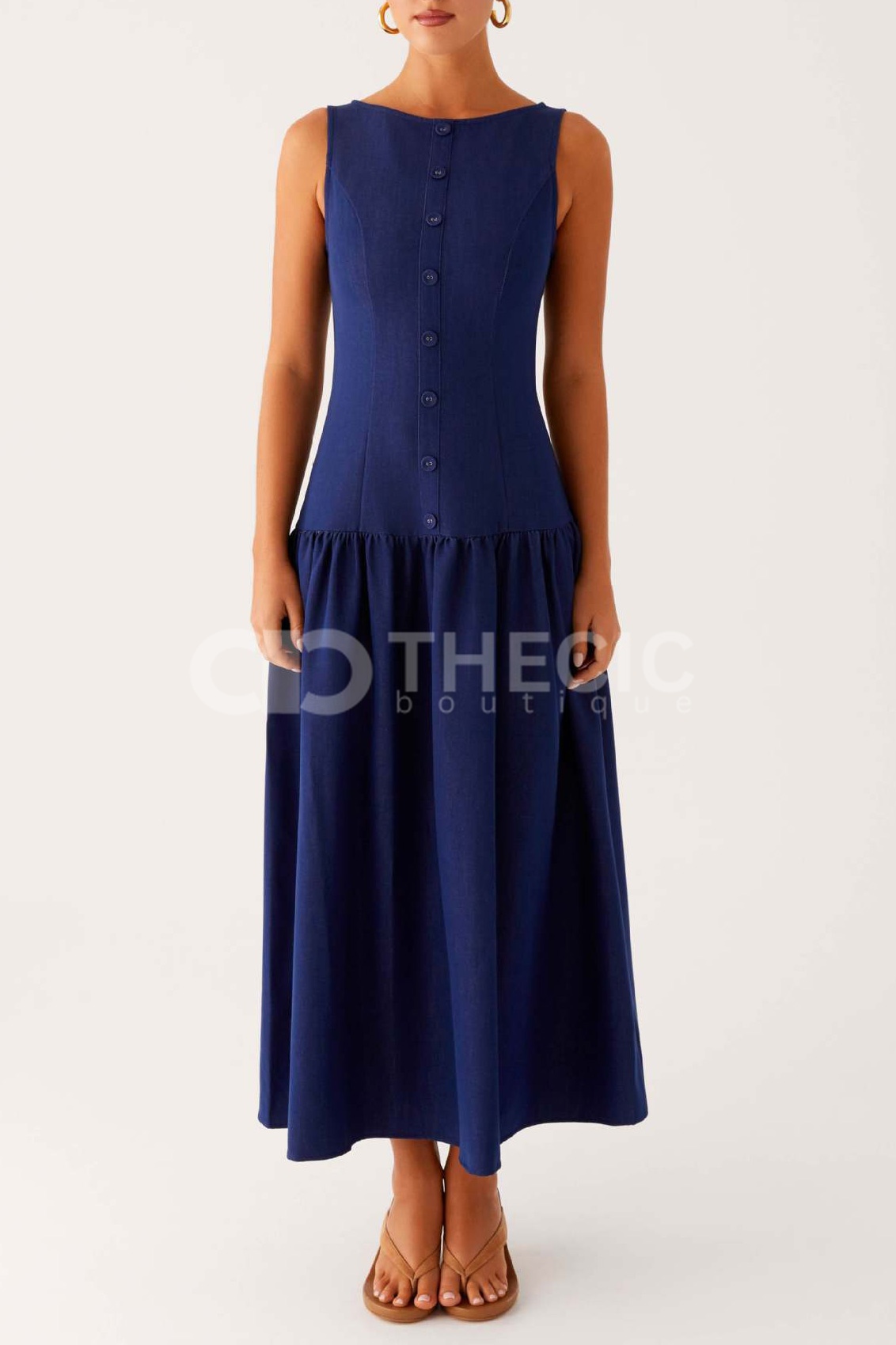 Sleeveless Boat Neck Button-Front Bodice Gathered Midi Dress
