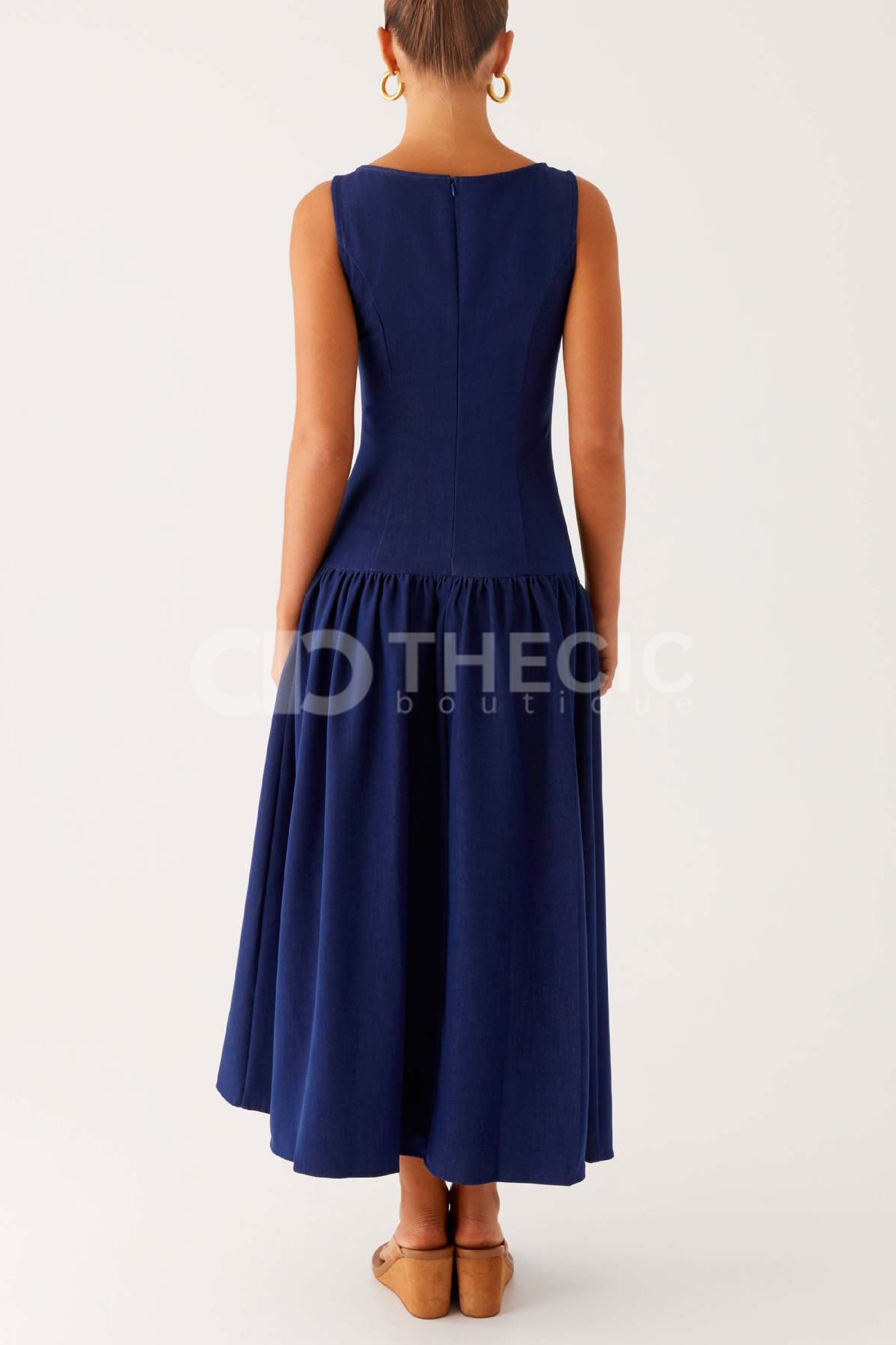 Sleeveless Boat Neck Button-Front Bodice Gathered Midi Dress