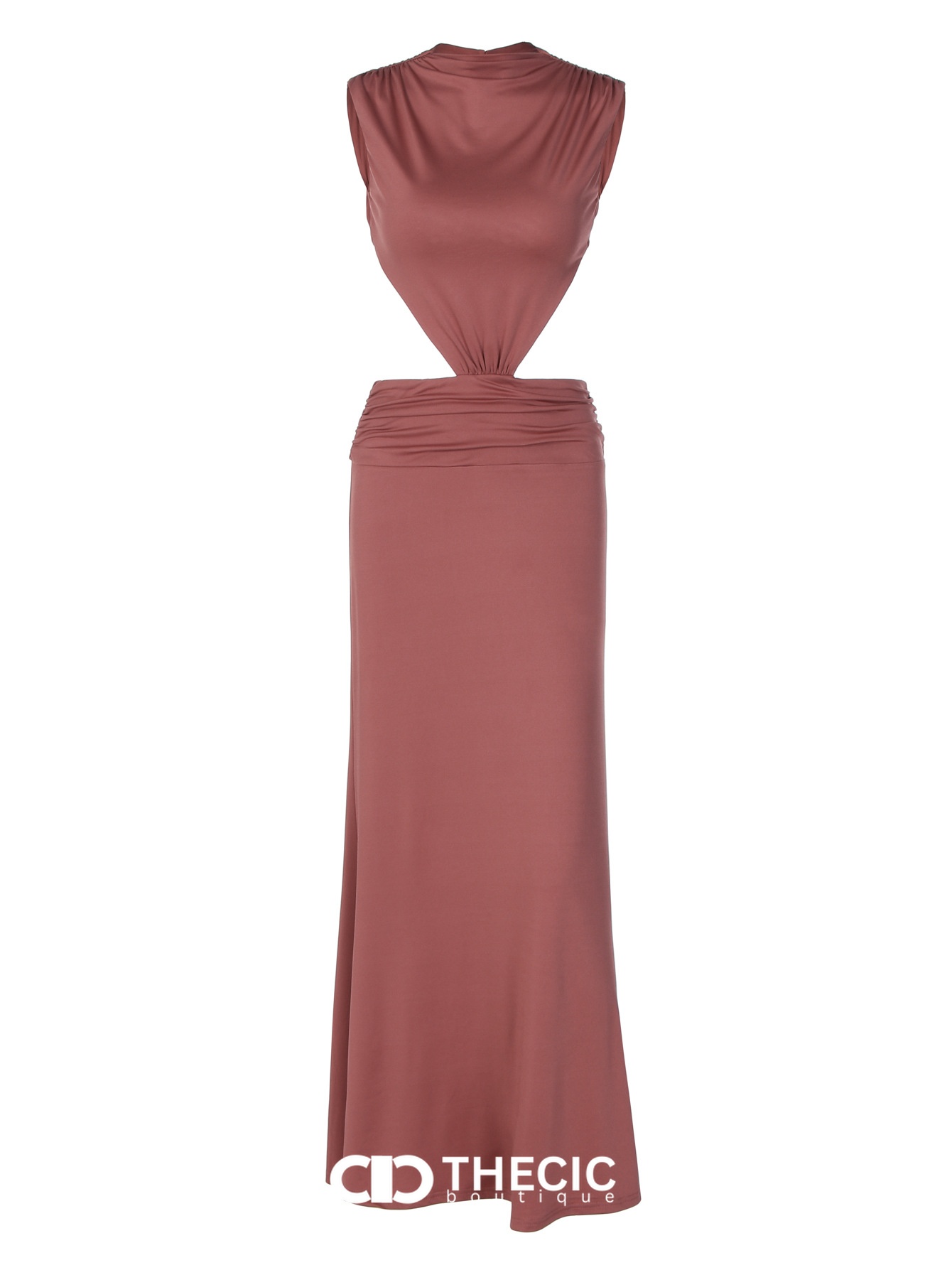Sleeveless High-Neck Cut-Out Ruched Open-Back Maxi Dress