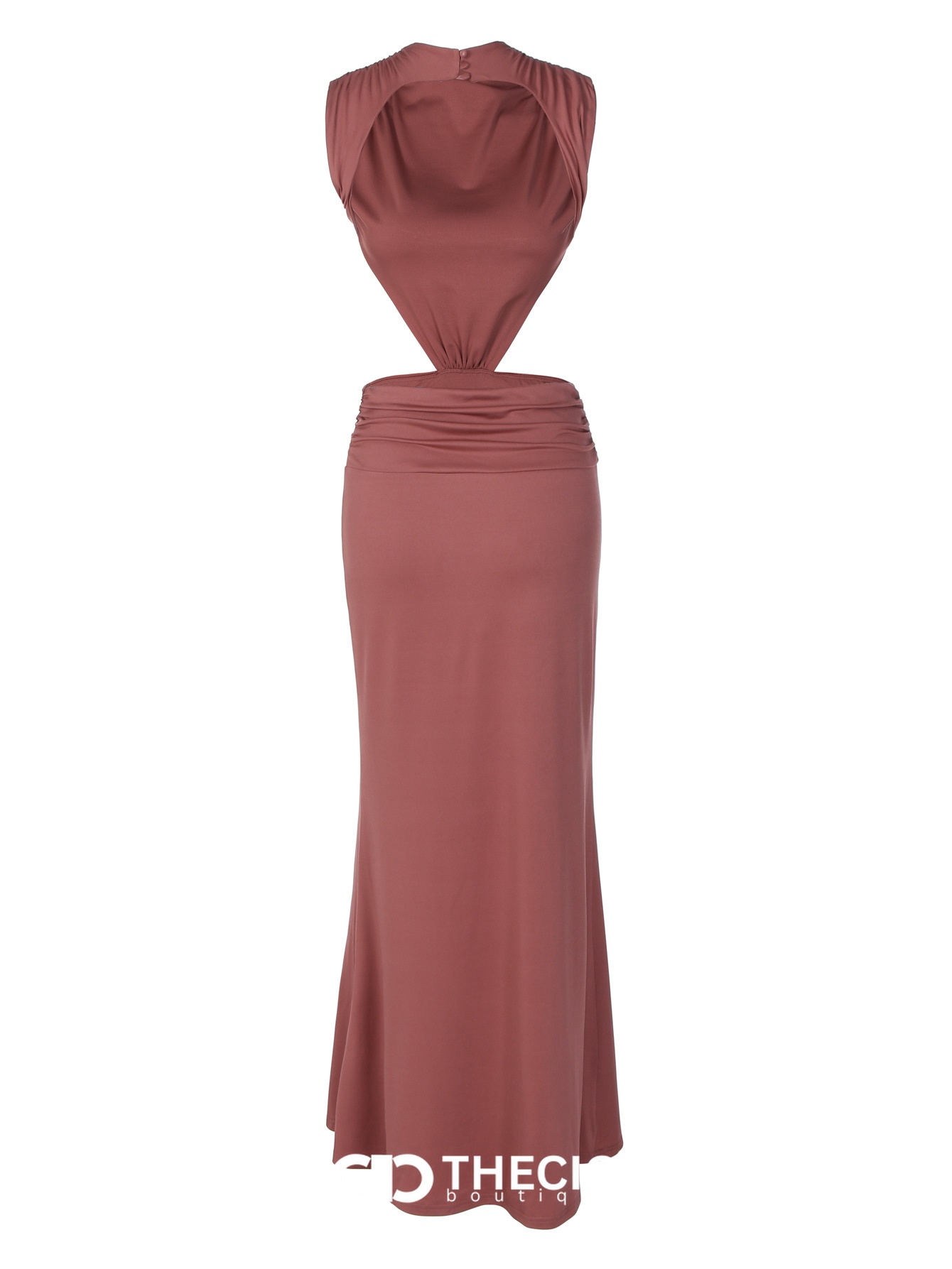 Sleeveless High-Neck Cut-Out Ruched Open-Back Maxi Dress