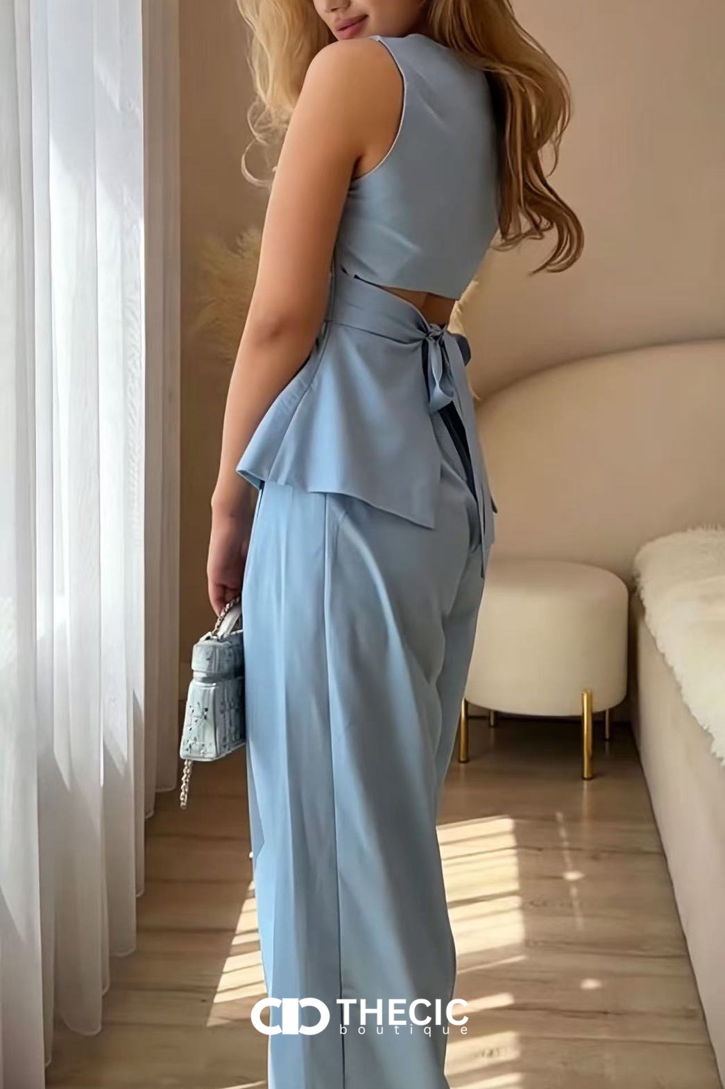 Sleeveless Peplum Tie-Back Wide-Leg Pant Set