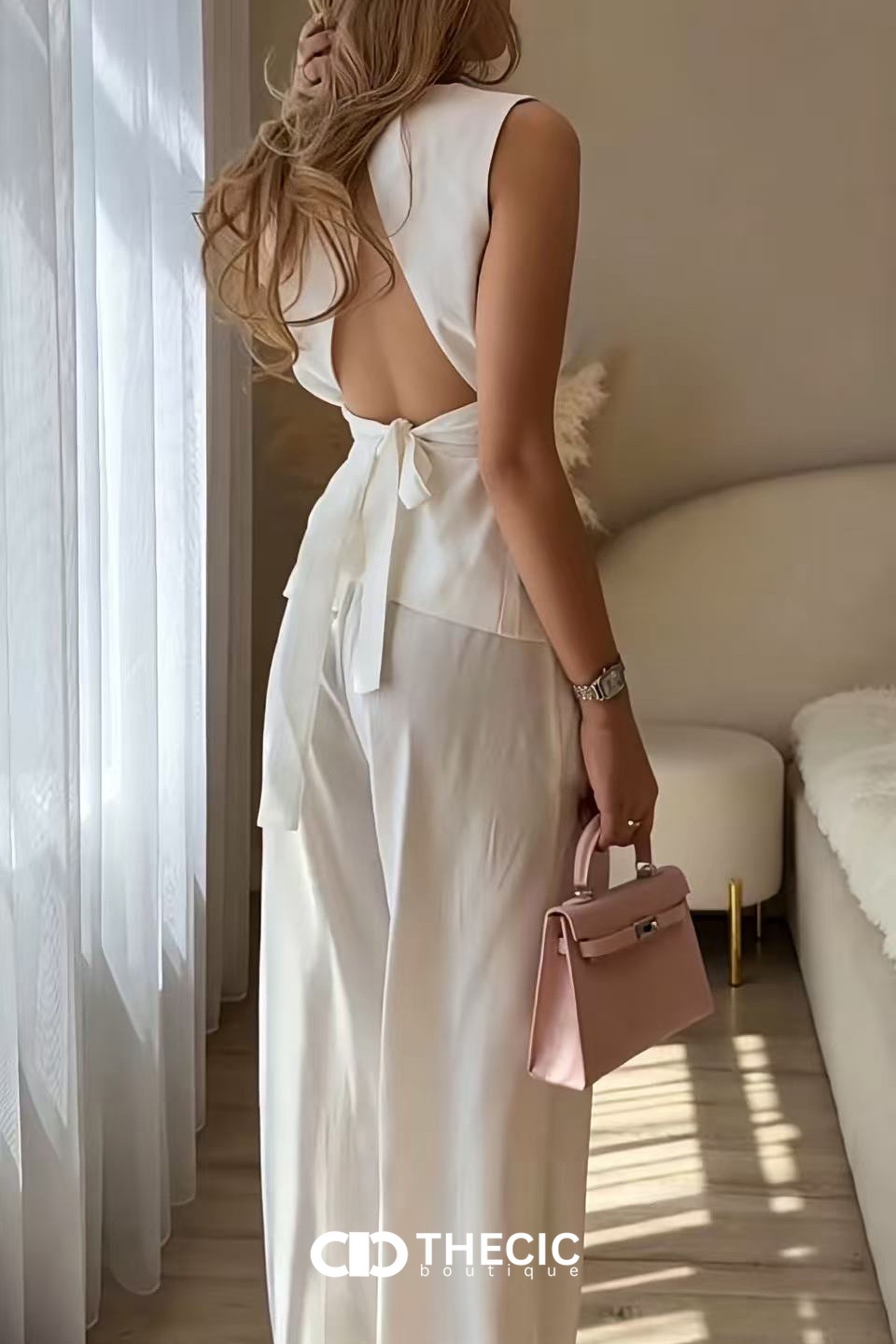Sleeveless Peplum Tie-Back Wide-Leg Pant Set