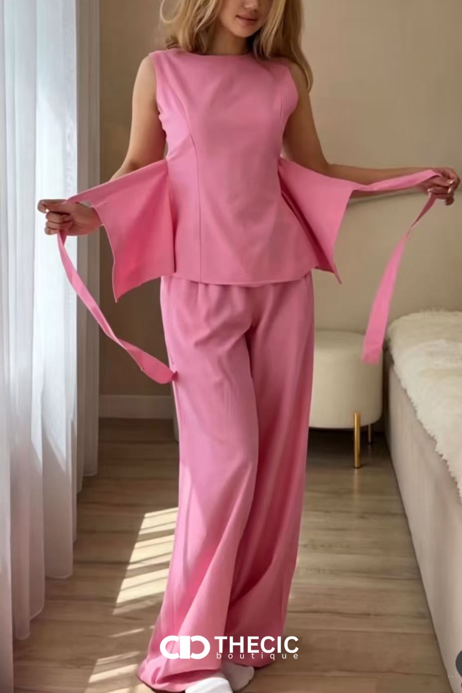 Sleeveless Peplum Tie-Back Wide-Leg Pant Set