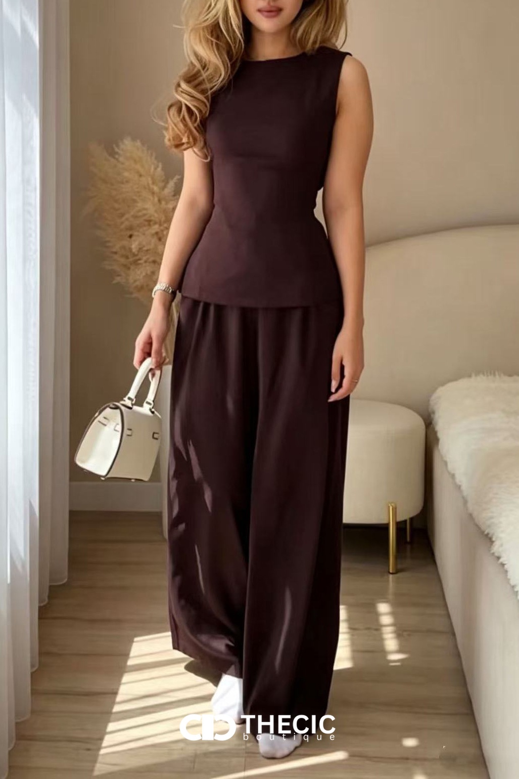 Sleeveless Peplum Tie-Back Wide-Leg Pant Set