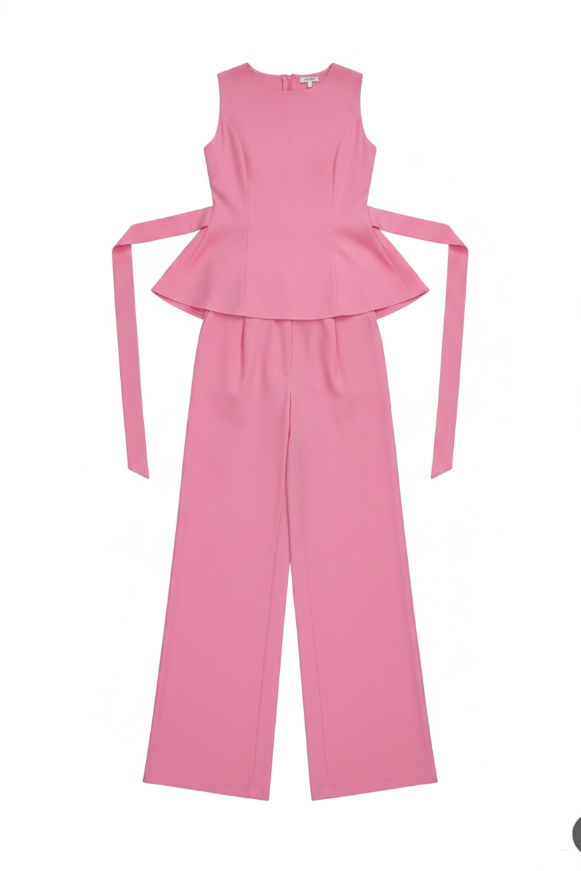 Sleeveless Peplum Tie-Back Wide-Leg Pant Set