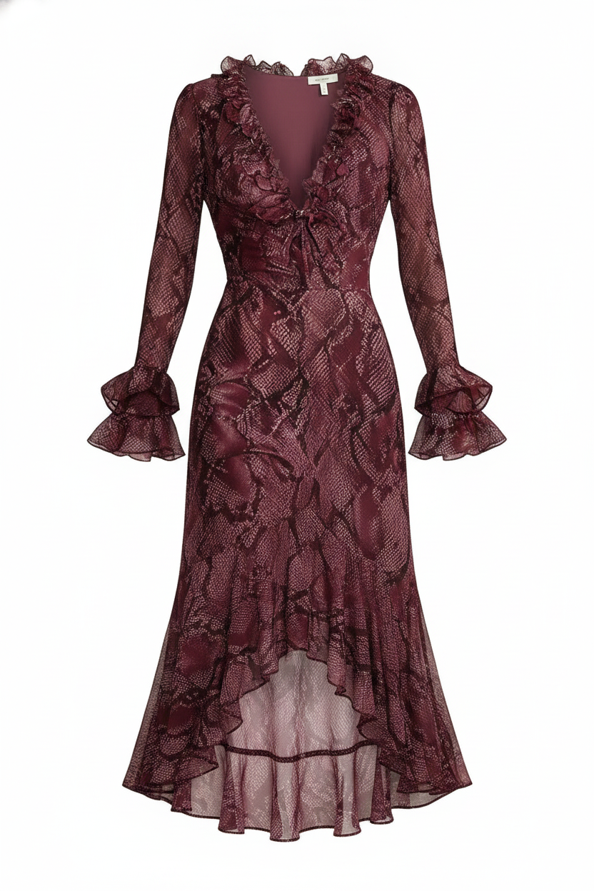 Snake Print Ruffled V-Neck High-Low Midi Dress