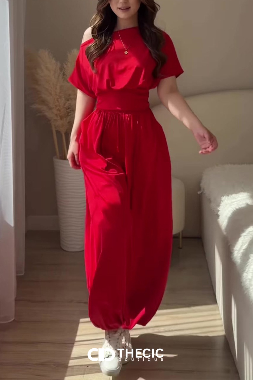 Soft Jersey Off-Shoulder Wrapped Waist Wide-Leg Set