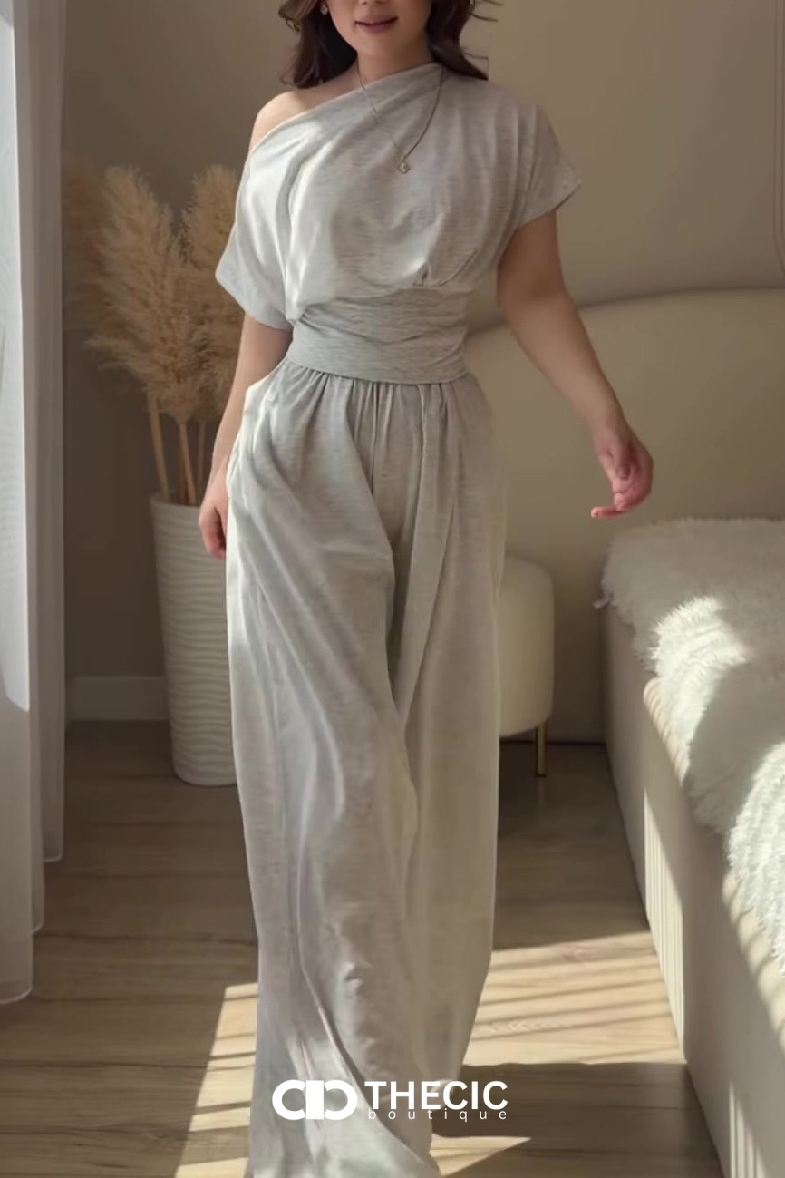 Soft Jersey Off-Shoulder Wrapped Waist Wide-Leg Set