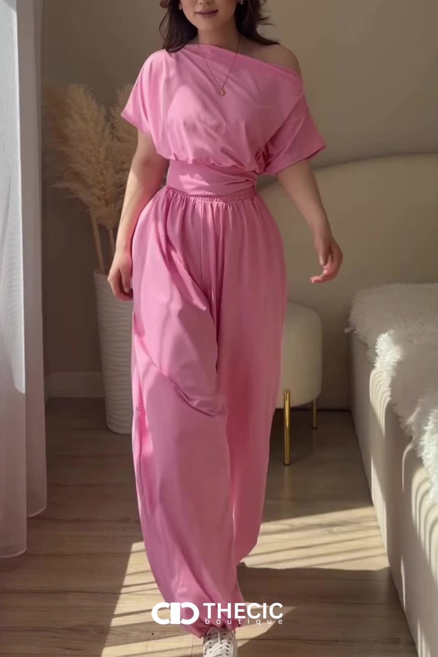 Soft Jersey Off-Shoulder Wrapped Waist Wide-Leg Set