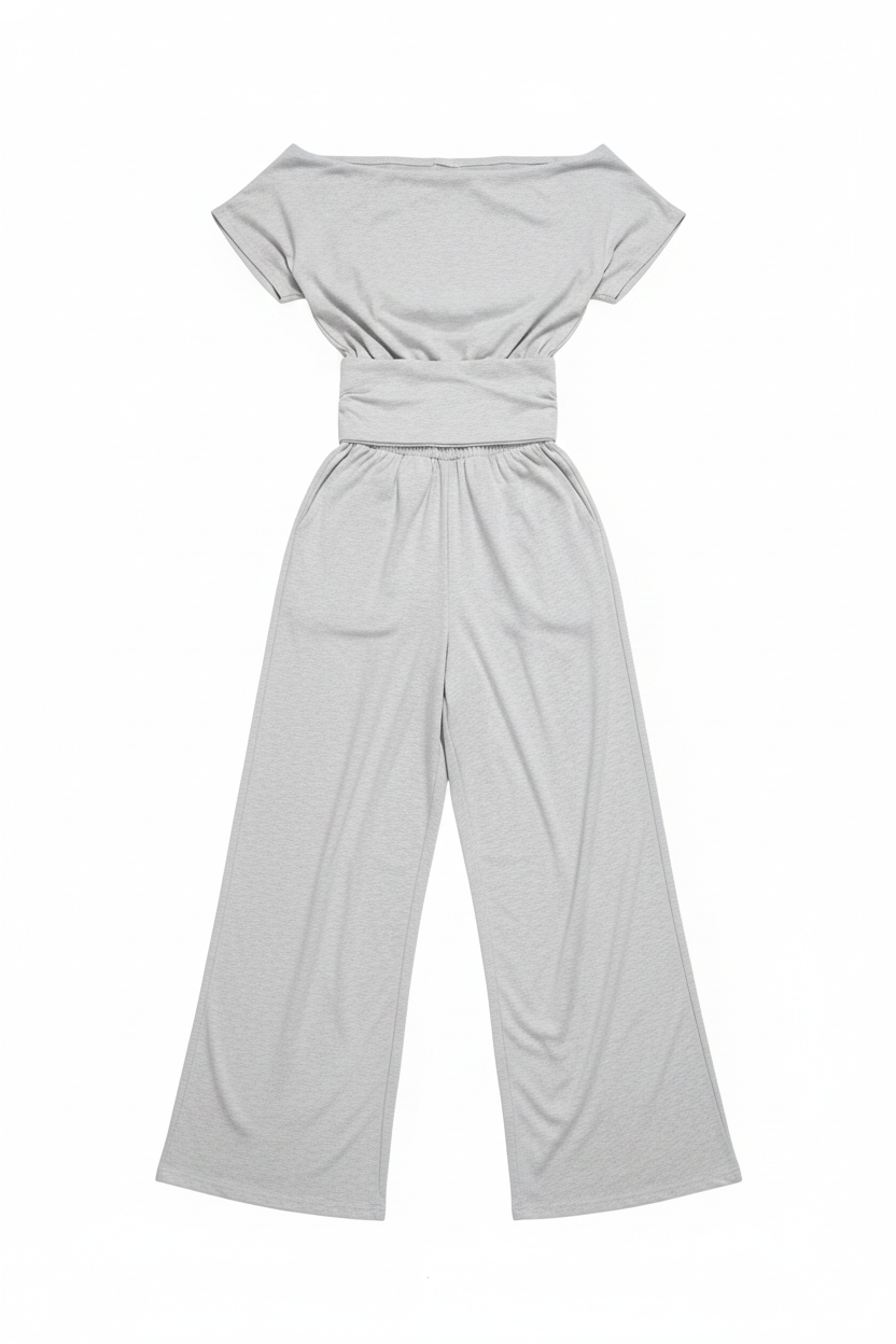Soft Jersey Off-Shoulder Wrapped Waist Wide-Leg Set