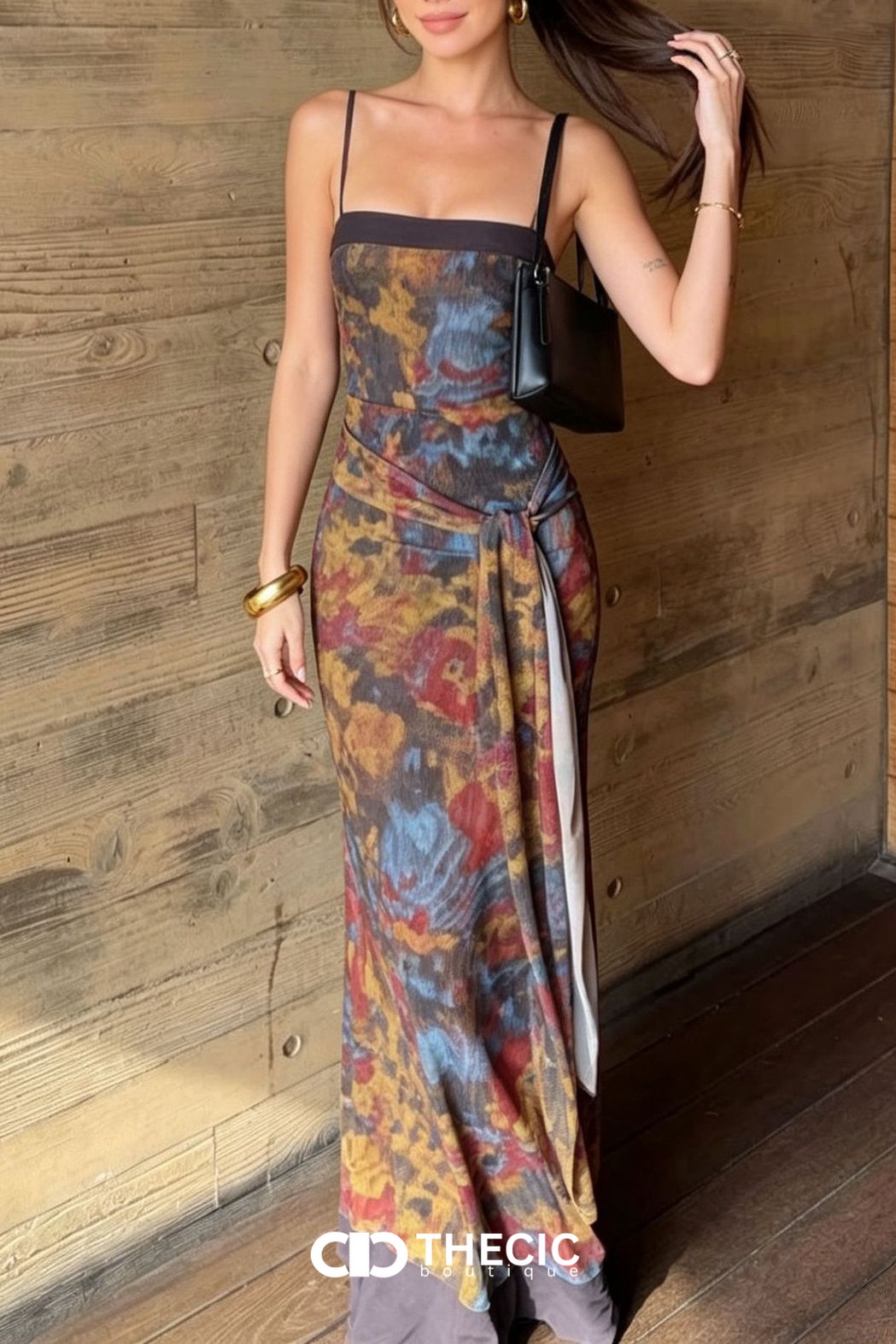 Spaghetti Strap Abstract Print Tie-Front Maxi Dress