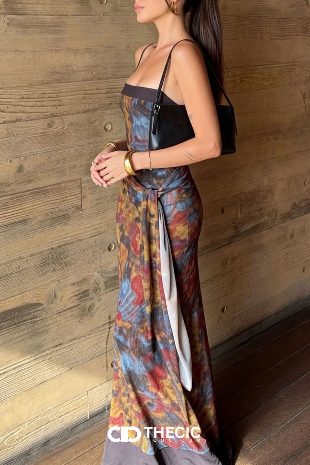 Spaghetti Strap Abstract Print Tie-Front Maxi Dress