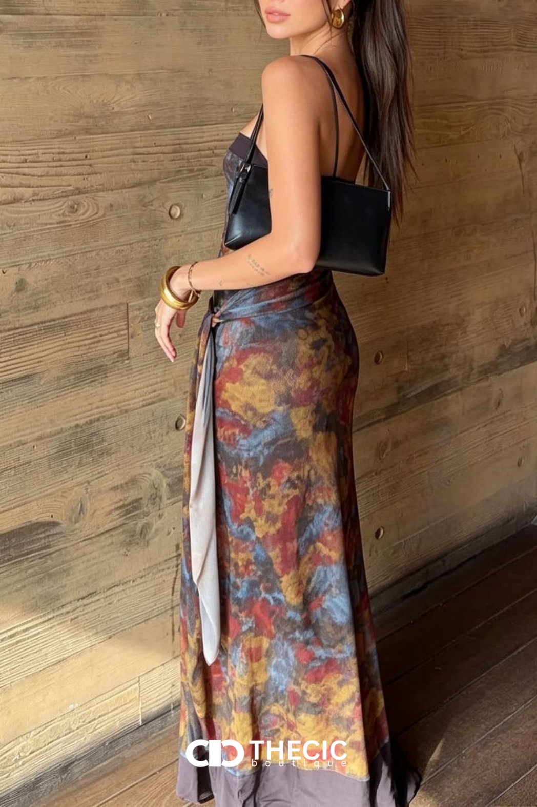Spaghetti Strap Abstract Print Tie-Front Maxi Dress