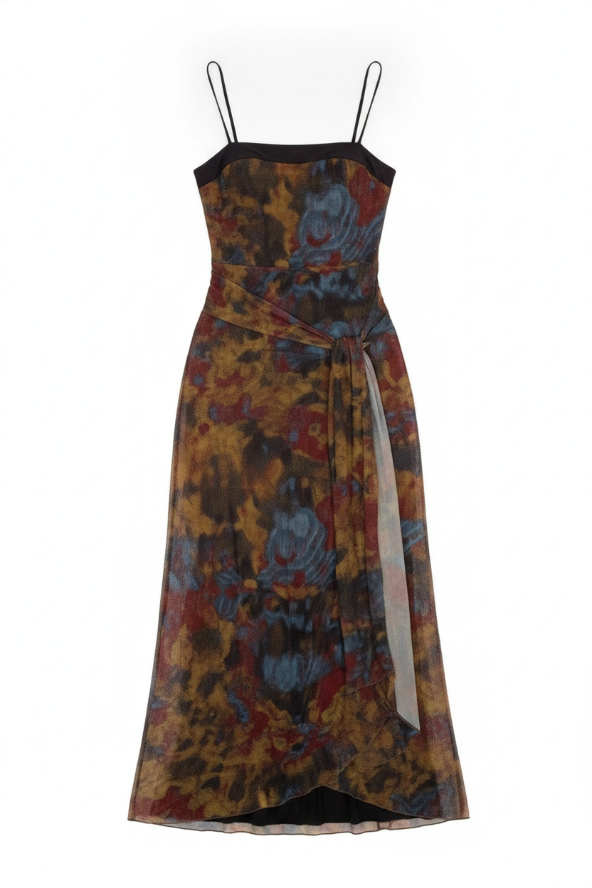 Spaghetti Strap Abstract Print Tie-Front Maxi Dress