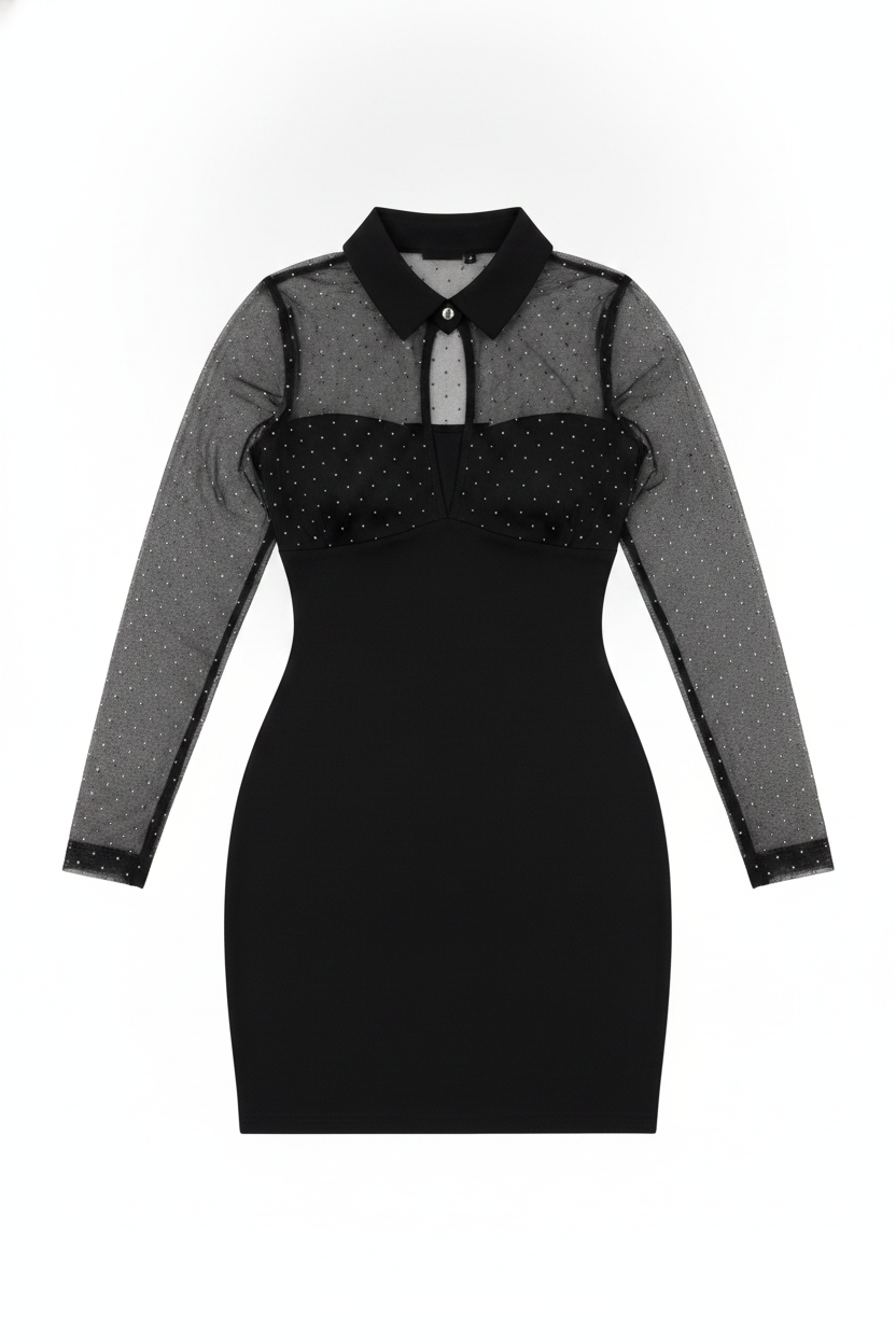 Sparkle Mesh Collared Keyhole Bodycon Mini Dress