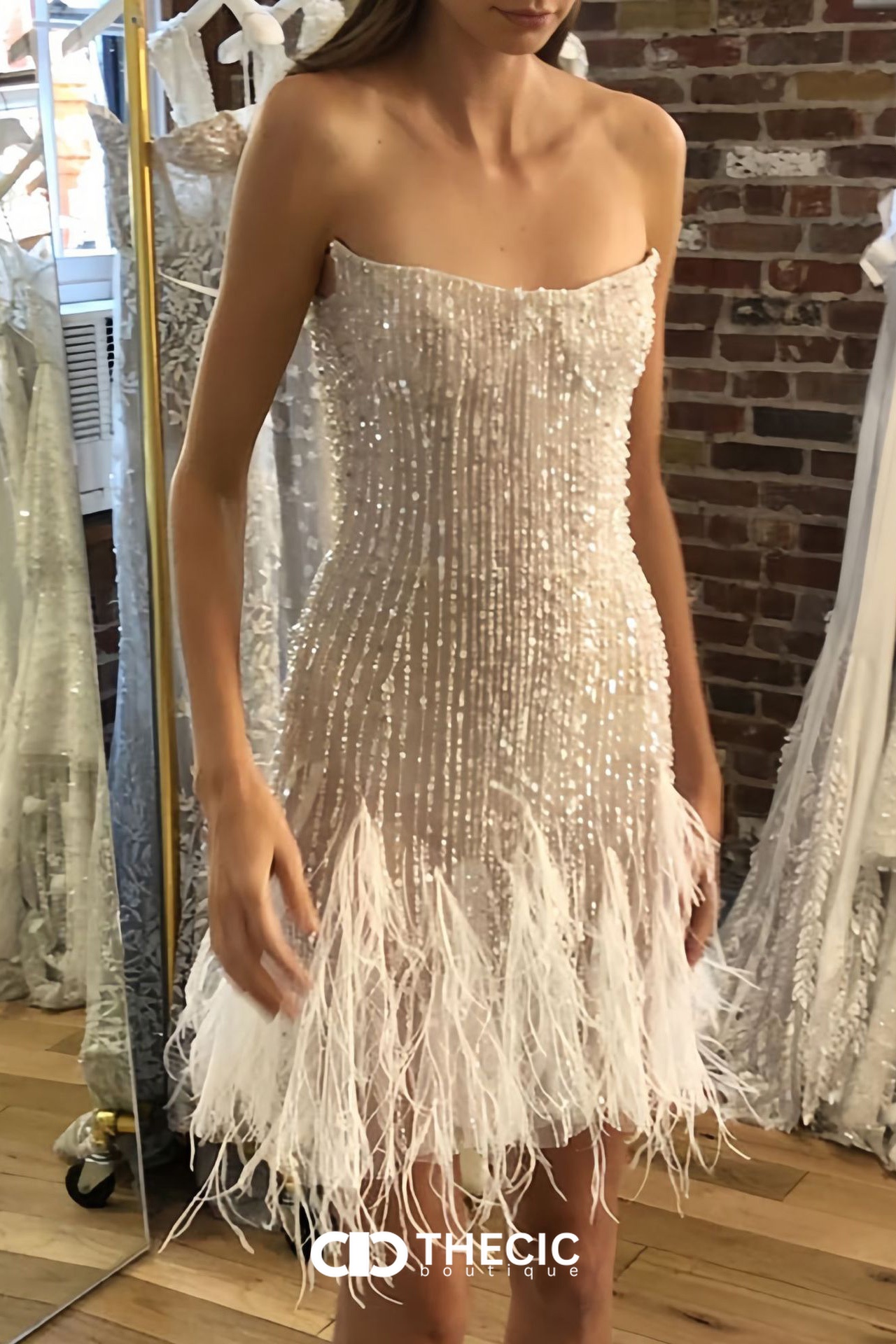 Sparkling Sequined Feather-Trimmed Strapless Mini Dress