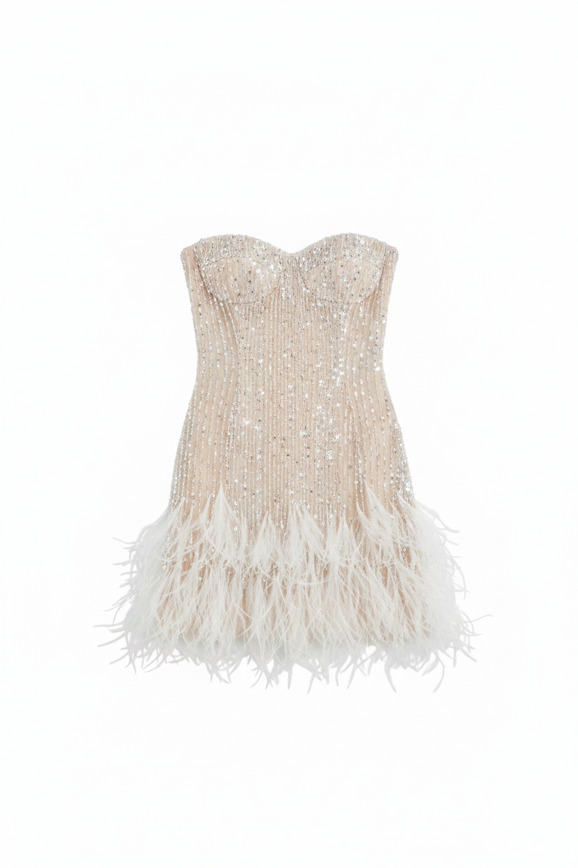Sparkling Sequined Feather-Trimmed Strapless Mini Dress