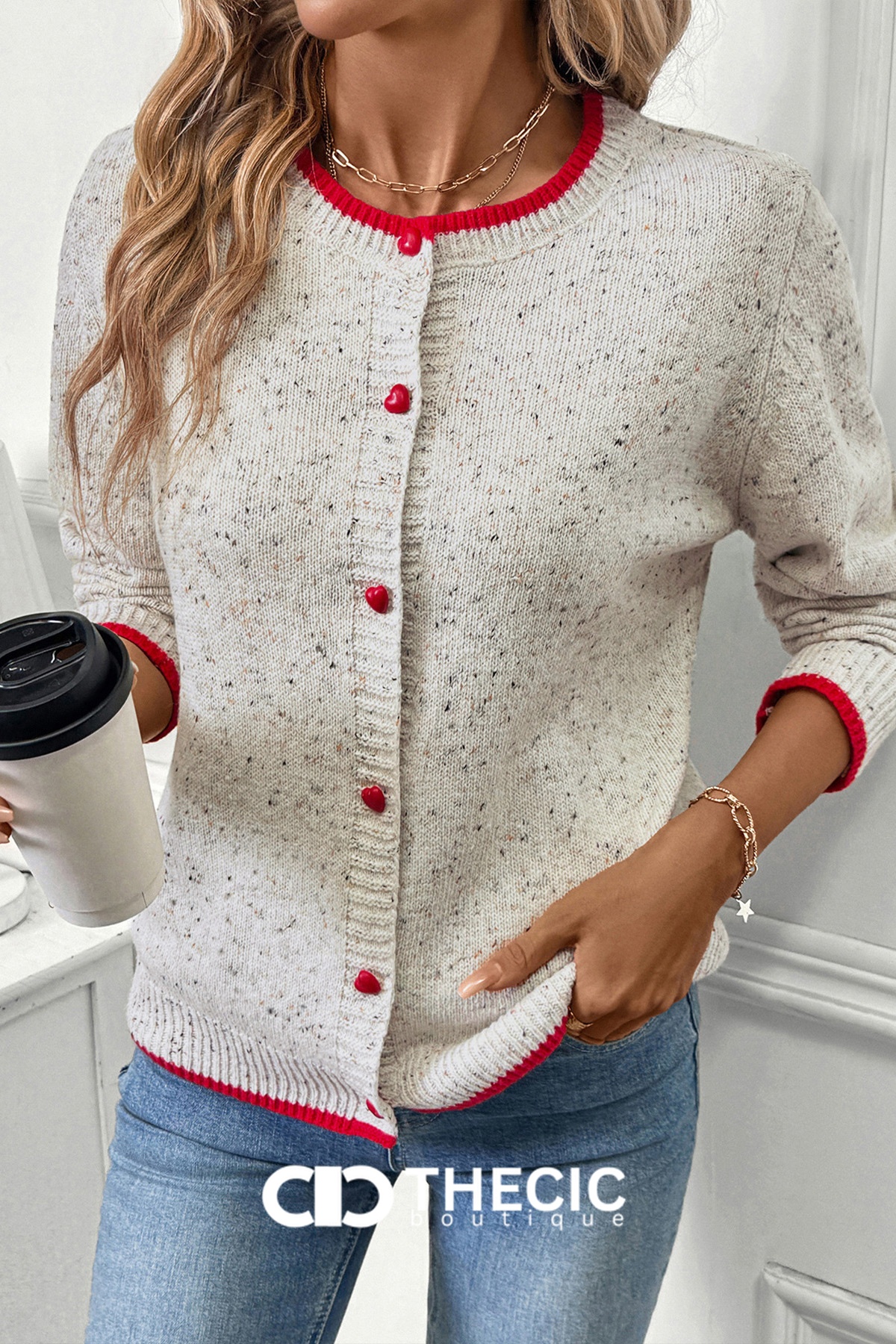 Speckled Knit Round Neck Heart Button Cardigan