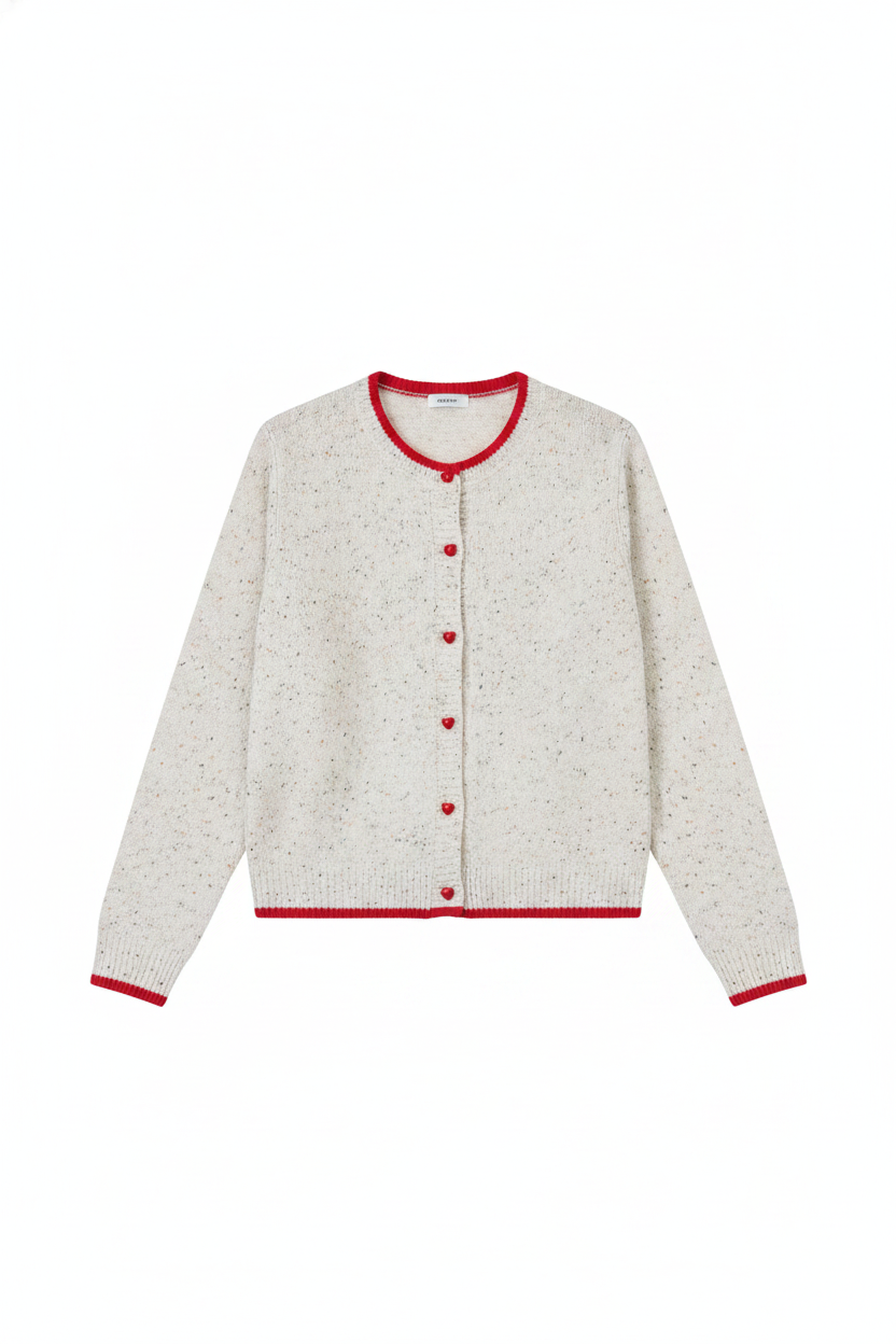 Speckled Knit Round Neck Heart Button Cardigan